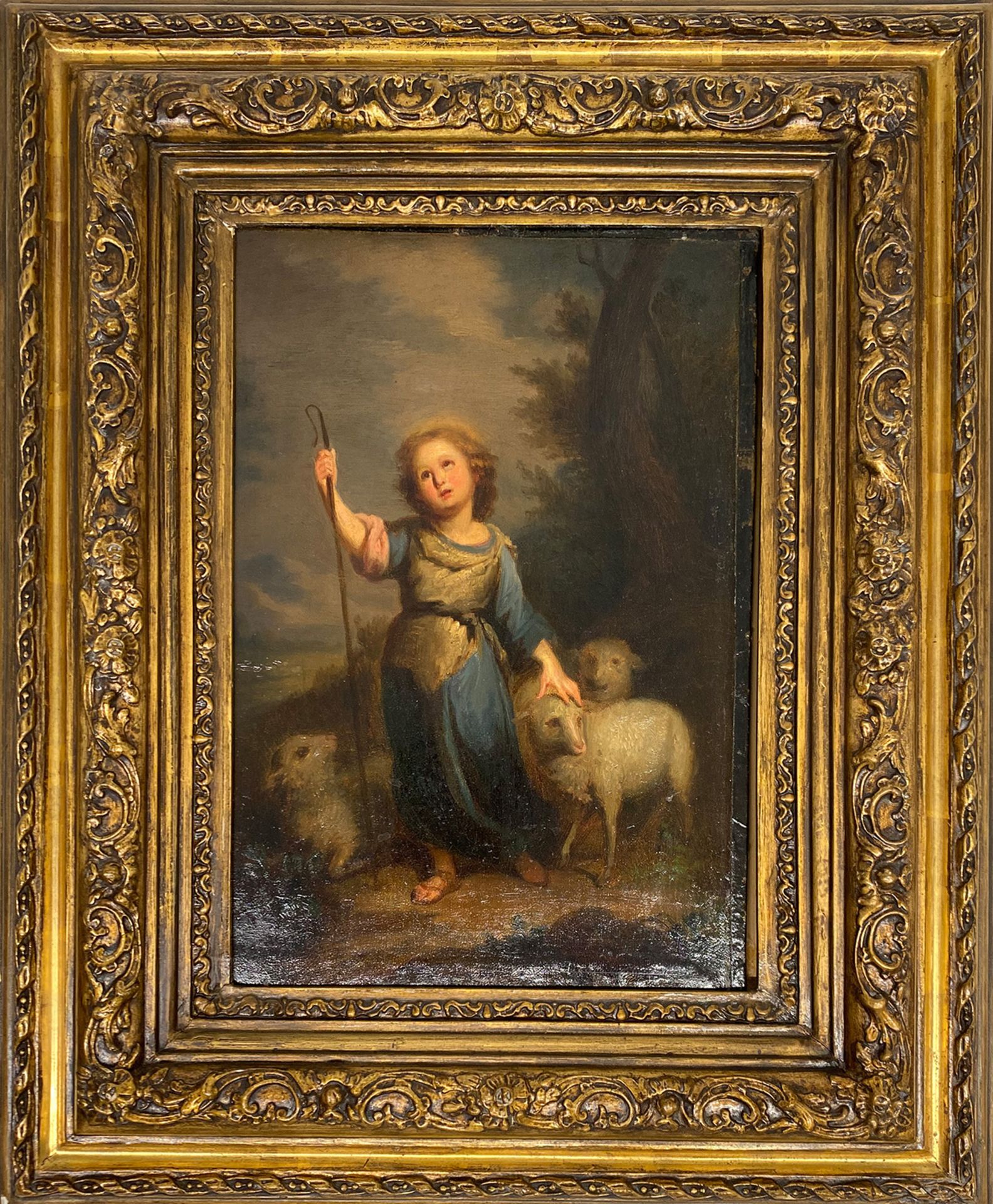 Unbekannter Maler, Johannes der Täufer mit drei Schafen, unleserl. sign., Öl/Lwd. (aufgez.) 30 x - Image 2 of 4
