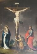 Kreuzigungsgruppe: Jesus am Kreuz, darunter die trauernde Maria, Johannes der Täufer und Maria