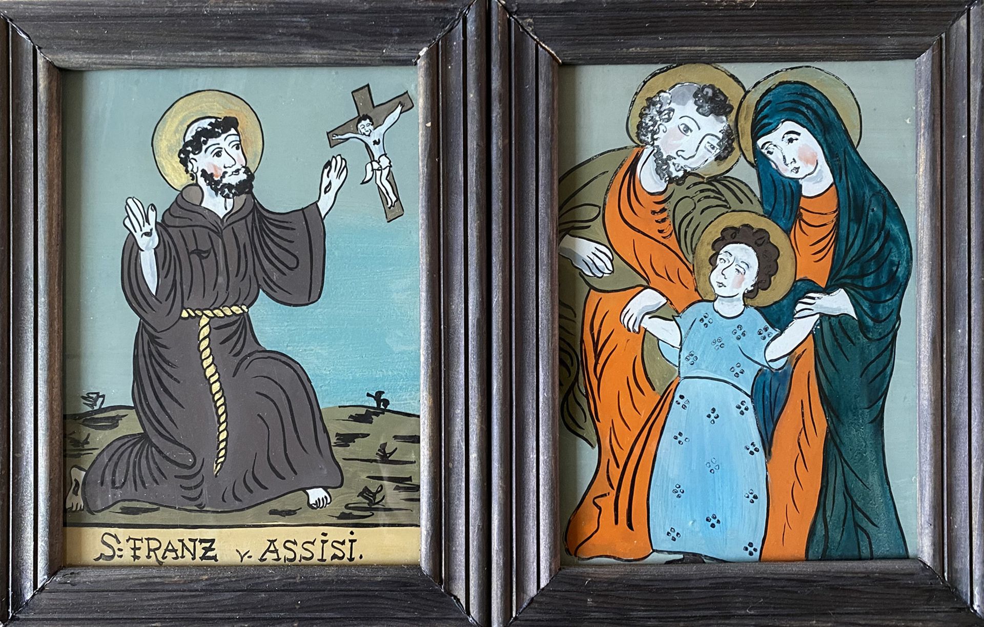 Paar Hinterglasbilder, 19. Jh., Süddeutschland, Hl. Franz von Asissi; Hl. Familie, Je 20,5 x 15