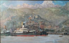 Richard Lipps (1857-1926, bekannter Maler von Italien bzw Venedig Motiven), Hafen mit Dampfern in