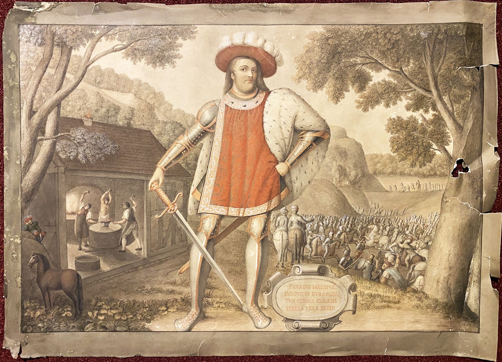 Konvolut aus einer Zeichnung und 4 Graphiken: Darstellung eines edlen Feldherren mit seinem Heer - Image 6 of 6