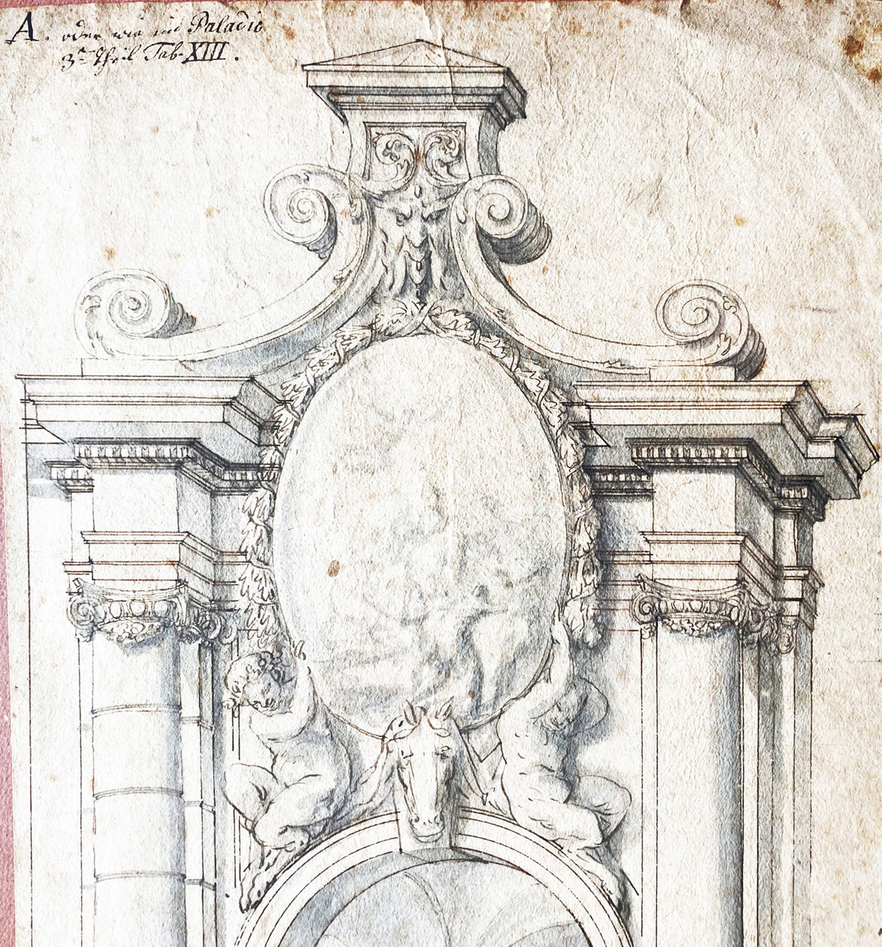 Zwei Tuschezeichnungen, Architekturdarstellungen, 18. Jh., Italien: Von zwei Säulen gesäumter - Image 3 of 8