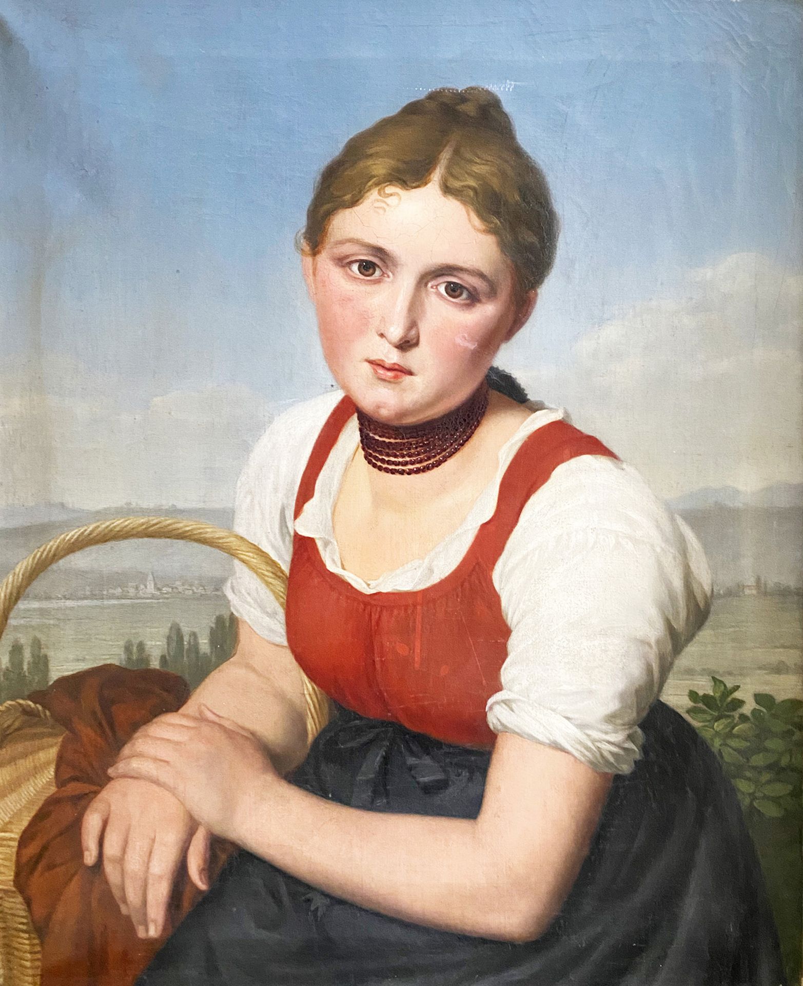 Mädchenportrait, 19. Jh., sitzende junge Frau in Tracht mit einem Korb unterm Arm vor einer weiten - Image 2 of 3