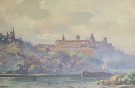 Richter (Fränkischer Künstler), Festung Marienberg zu Würzburg mit Käppele und Main, signiert, Öl/