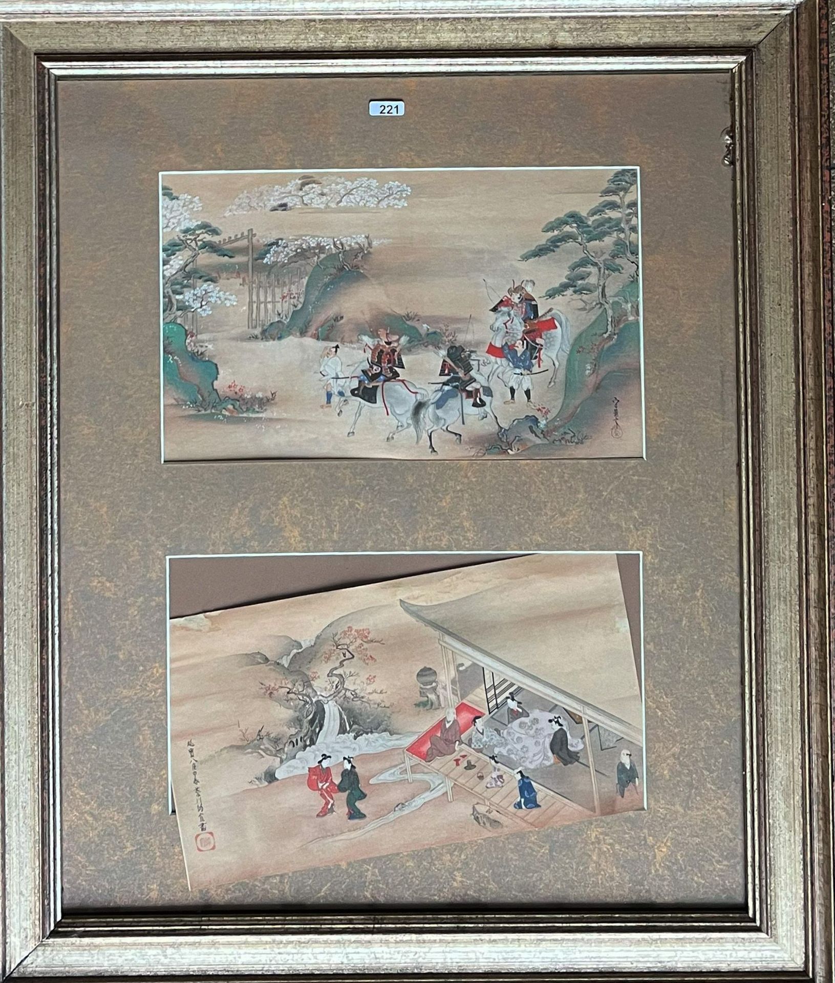 China, 19. Jh., 2 Aquarelle: Reiter- und Jagdszene, signiert, sowie Häusliche Szene, signiert, je 21