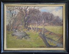 Lars Larsen (1876-1955, norwegischer Maler), herbstliche Landschaft mit Felsen und knorrigen Bäumen,