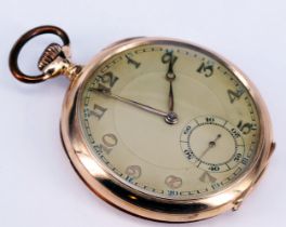 Herrentaschenuhr, 585er Gold, mit aufgelegten, arabischen Zahlen und kleiner Sekunde, Staubdeckel