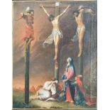 Unbekannter Maler, 19. Jh., Christus am Kreuz zwischen den beiden Schächern, sowie die trauernde