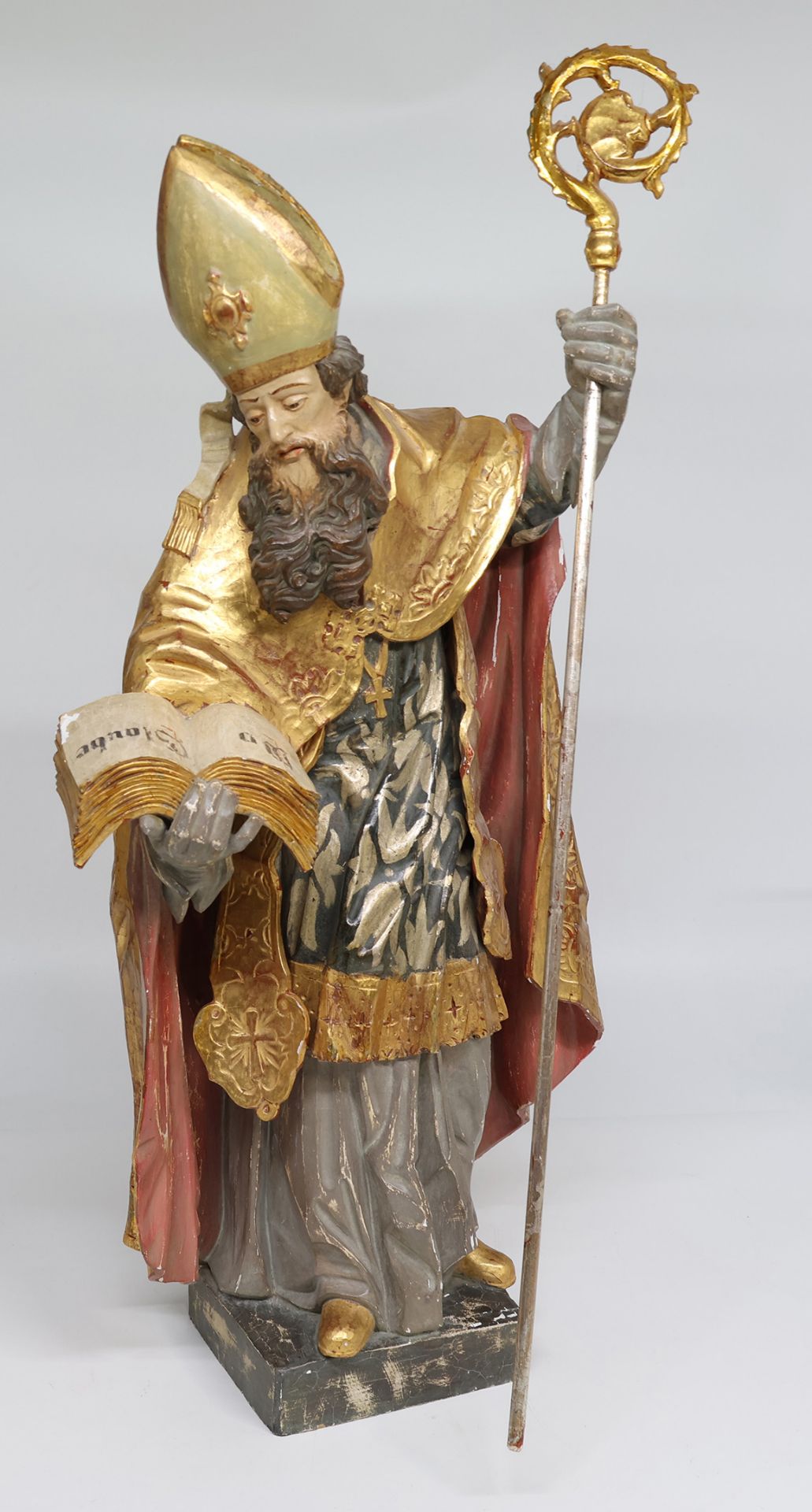Heiliger Nikolaus, Holz, Oberammergau Schnitzerei, Altersspuren, H 77,5 cm. Saint Nicholas, wood,