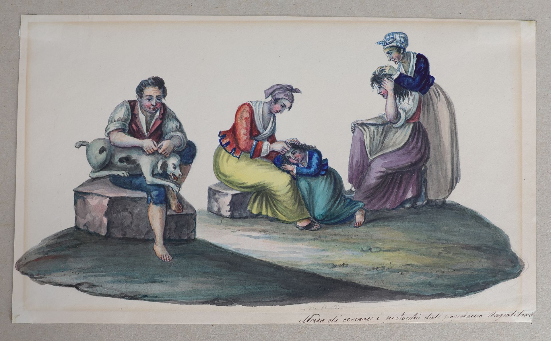 Michela de Vito, um 1820, Aquarell, Neapel, Hund, Mädchen und Frau werden nach Läusen abgesucht, - Image 4 of 4