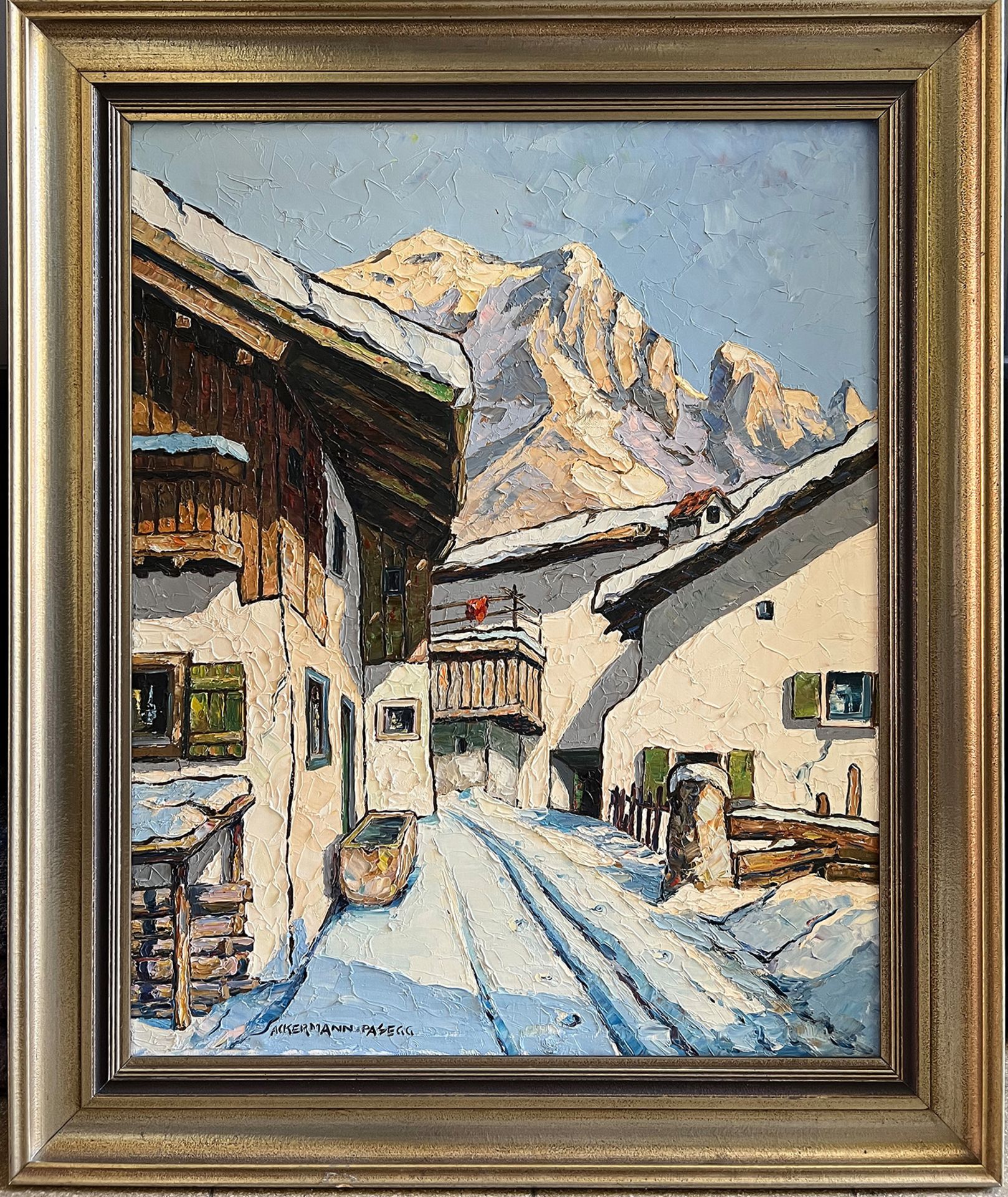 Otto ACKERMANN-PASEGG (1882-1959), Häuserzeile im Schnee, im Hintergrund die Berge, signiert und - Bild 2 aus 8