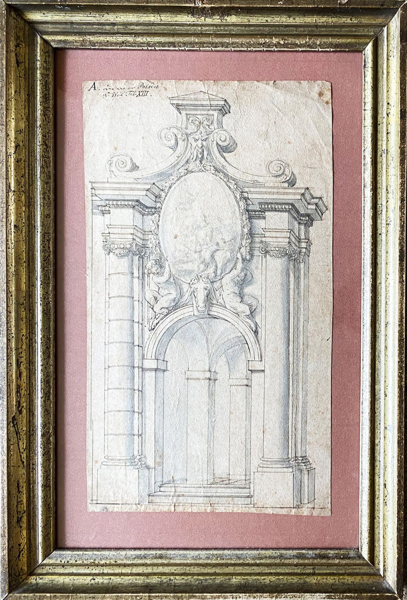 Zwei Tuschezeichnungen, Architekturdarstellungen, 18. Jh., Italien: Von zwei Säulen gesäumter - Image 4 of 8