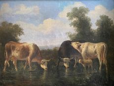 Unbekannter Maler, 19. Jh., drei Kühe und ein Kalb in sommerlicher Landschaft am Ufer eines Gewässer