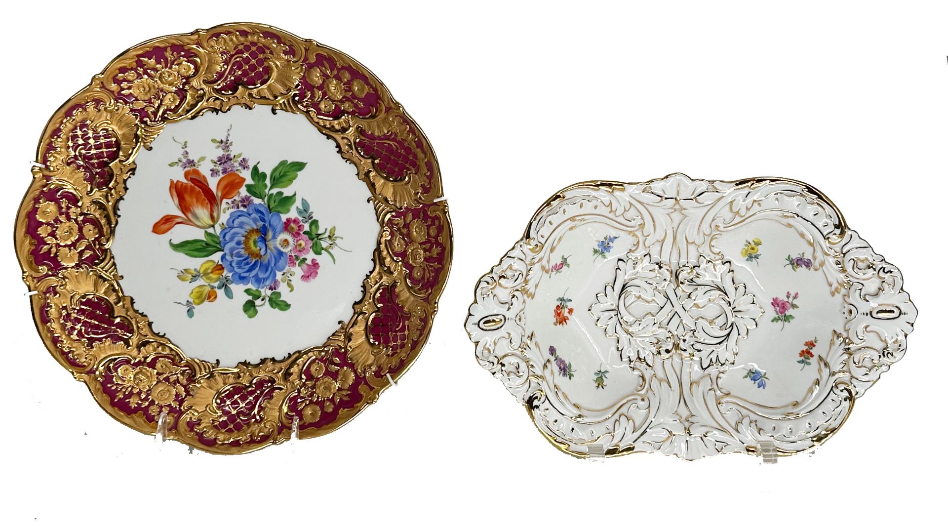 Konvolut Meissen: 1 x Prunkteller D 29 cm, 1 x Schale Goldstaffage, Blumen, 30,5 x 20 cm, beide