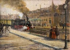 Unbekannter Künstler, 2. H. 19. Jh., Die Lokomotive fährt in den Bahnhof ein. Zeithistorisch