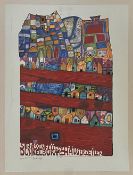 Friedensreich Hundertwasser, Dunkelbunte Strassen Flüsse Häuserzeilen, Aufl. 400/1000, Collage von