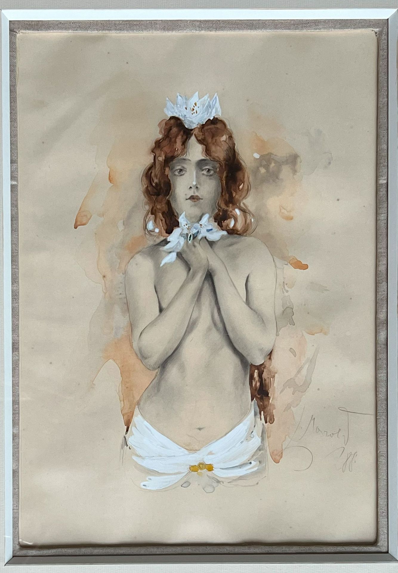 Ludwig MAROLD (1865-1898), Nackte, junge Frau im Jugendstil mit weißer Blüte auf dem Haar und