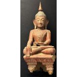 Sitzender Buddha, Burma (Birma), 19. Jh. H 85 cm. Holz mit Resten von Vergoldung. Shakyamuni ruft