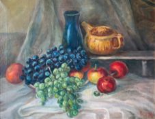 Unbekannter Künstler, Stilleben mit Weintrauben, Öpfeln und Geschirr, signiert Alberi, Öl/Lwd, 49