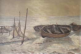 Unbekannter Künstler, Boote am Strand; Schiffe am Meer, signiert, Öl/Lwd, 48 x 68 cm. Unknown