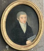 Biedermeier, Mitte 19. Jh., Portrait eines Herrn mit dunklem Anzug und weißem Kragen, oval, Öl/