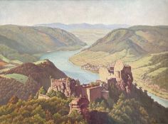 H. Wintzen. Blick auf die Burgruine Aggstein und die Donau in der Wachau, signiert und dat.: (19)49,