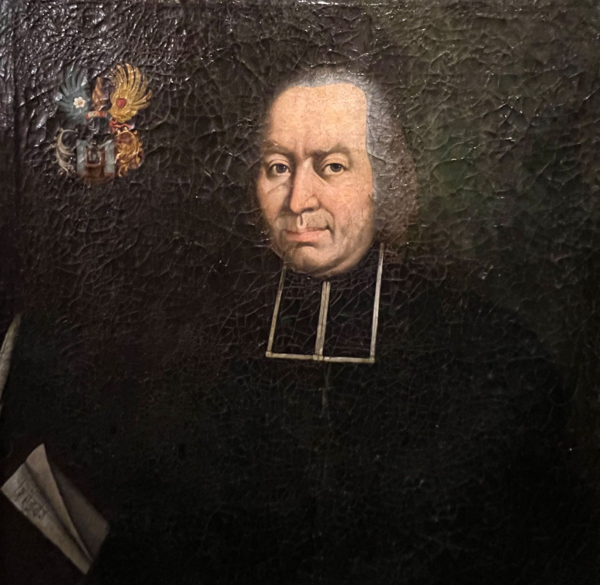 Unbekannter Künstler, 17./18. Jh., Portrait eines Geistlichen mit Wappen, Inschrift: Vordeutung - Bild 6 aus 8