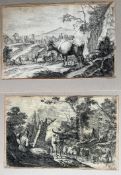 Unbekannter deutscher Künstler, 18. Jh., 2 Zeichnungen mit Kühen, Schafen und Ziegen, Hirtenromantik