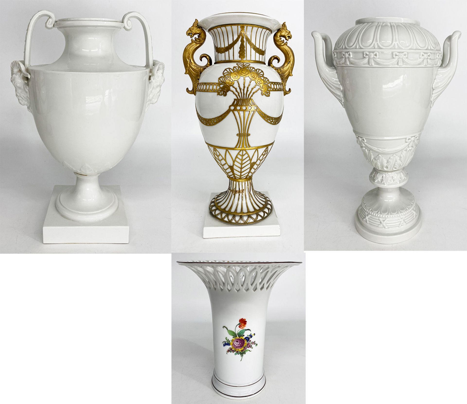 Konvolut aus 4 großen Vasen: KPM, Amphorenvase mit Greifenhenkeln, sog. Französische Vase,