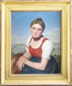 Mädchenportrait, 19. Jh., sitzende junge Frau in Tracht mit einem Korb unterm Arm vor einer weiten