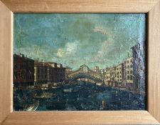 Unbekannter Maler, Blick auf die Rialtobrücke über dem Canal Grande von Venedig mit vielen Gondeln