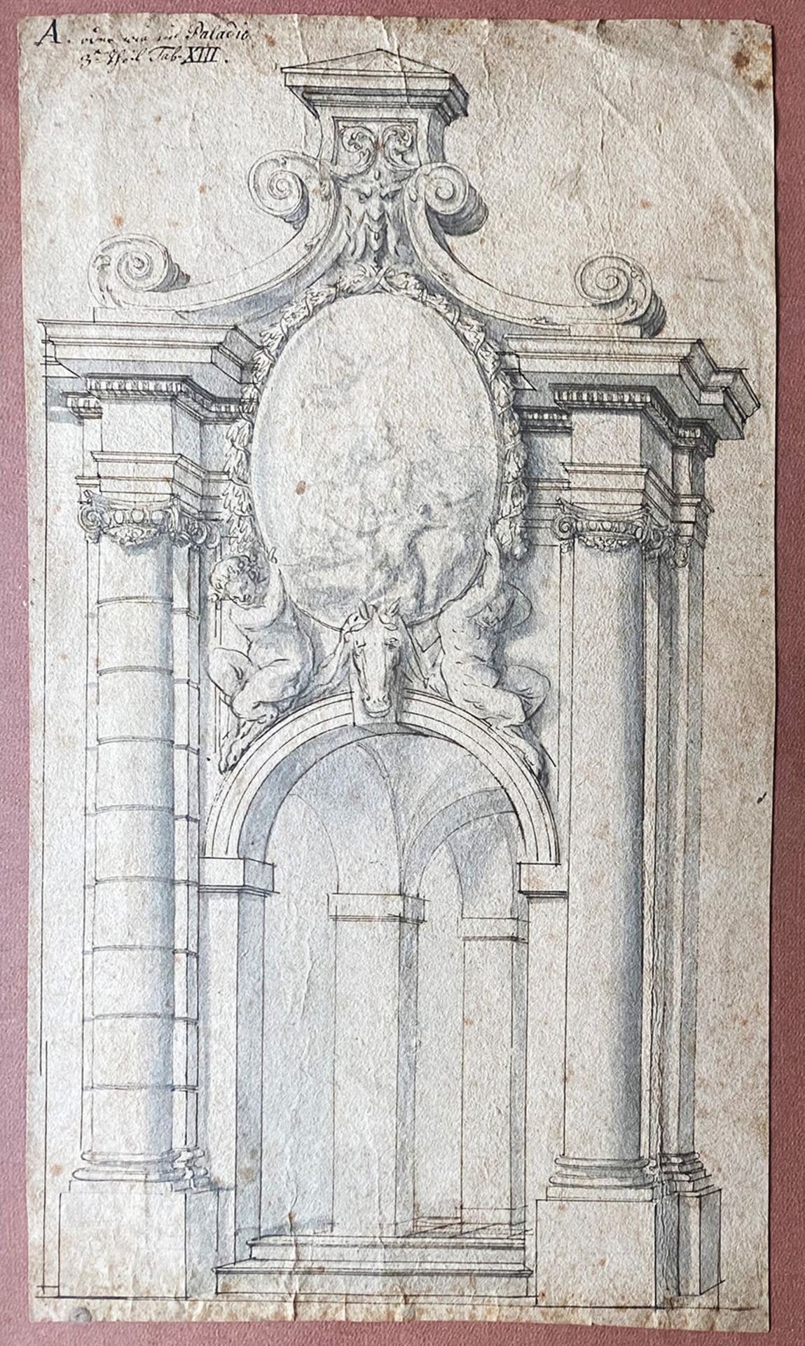 Zwei Tuschezeichnungen, Architekturdarstellungen, 18. Jh., Italien: Von zwei Säulen gesäumter - Image 7 of 8