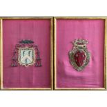 Zwei Wappen aus Stoff, Kordeln und Stickereien, auf rotem Stoff, gerahmt, Altersspuren, 25 x 24