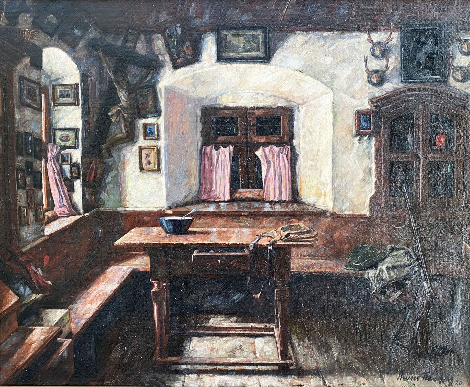 Bruno Flashar (München 1887-1961), Interieur, Bauernstube, Öl/Lwd., 80 x 100 cm, Altersspuren