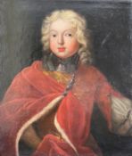 Portrait eines jungen Adeligen mit blonden Locken und einem roten Samtumhang mit Pelzbesatz, Öl/Lwd.