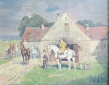 Wilhelm VELTEN (1847-1929), Dorfschmied mit preussischen Soldaten zu Pferde, signiert, Öl/Holz, 19 x
