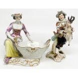 Zwei Porzellanfiguren: Meissen, Figurenschale, Gärtnerin mit Korb, Farb- und Goldstaffage, Modell-