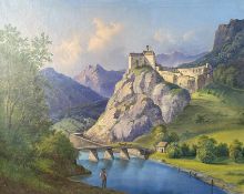 Unbekannter Maler, Landschaft mit Burgruine auf einem Felsvorsprung, davor verläuft ein Fluss mit