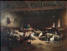Ernst BRÖDEL (1893-1980), Schafe im Stall, der Hirte mit dem Futter beschäftigt, signiert, Öl/