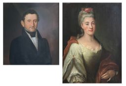 Zwei Portraits: Barockportrait, Dame in weiß-rotem Kleid und Rosen im Haar, verso bez. "der Frau