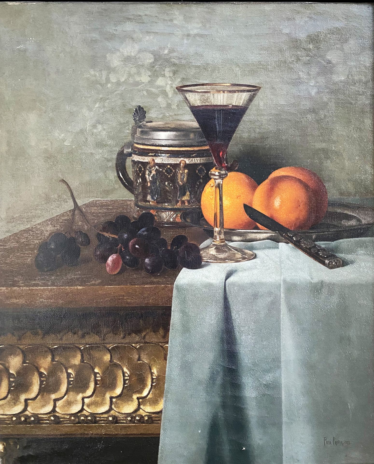 Paul Preyer (1847-1931), Stillleben mit Krug, Weinkelch, Orangen und Weintrauben, signiert und