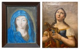 Zwei Heiligenportraits, 19. Jh.: Maria mit blauem Umhang, Pastell, 40 x 31 cm; Heilige auf einer