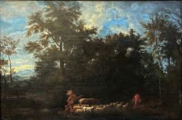 Landschaft mit Schafherde, rücks. bez.: Nicholas Poussin/ Normandya Na: 1594/ Ob: 1665, Öl/Lwd, 52 x