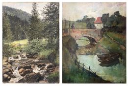 Zwei Landschaftsgemälde: Hermann Schmidtmann (1869-1936), Flusslauf mit zwei Känen im Vordergrund
