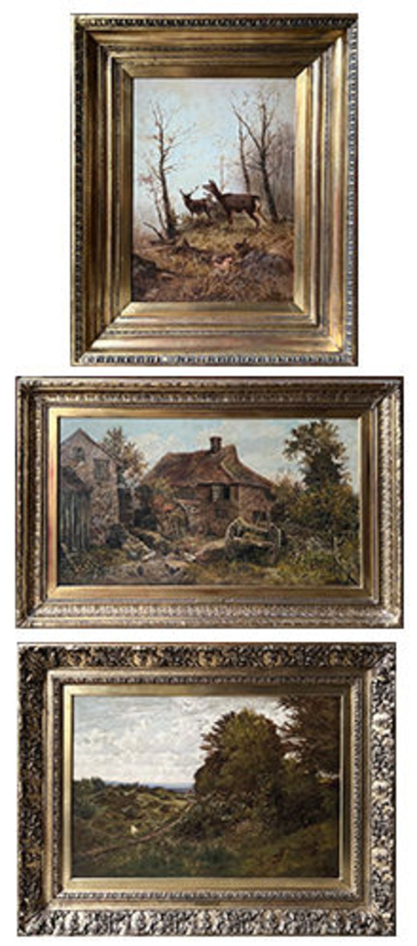 Drei Gemälde: Carl Dölcher (österr. Landschaftsmaler des 19. Jhds.), Hirsche in Waldlandschaft,
