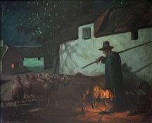 Unbekannter Künstler, 19. Jh., Schäfer mit seiner Herde in der Dunkelheit entlangziehend, Öl/Lwd, 55