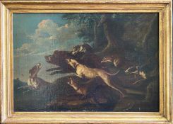 Unbekannter Maler, 18. Jh., Jagdstück: ein Rudel von Jagdhunden versucht ein stattliches Wildschwein