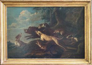 Unbekannter Maler, 18. Jh., Jagdstück: ein Rudel von Jagdhunden versucht ein stattliches Wildschwein
