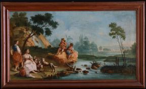 Italien, 18. Jh., Landschaft mit Figuren und Blick auf einen See, Öl/Lwd (aufgez.), Altersspuren, 65