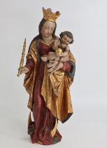 Süddeutsch, 15./16. Jh., spätgotische Madonna, Holz, farbig gefasst. Nach Restaurierung div. ergänzt